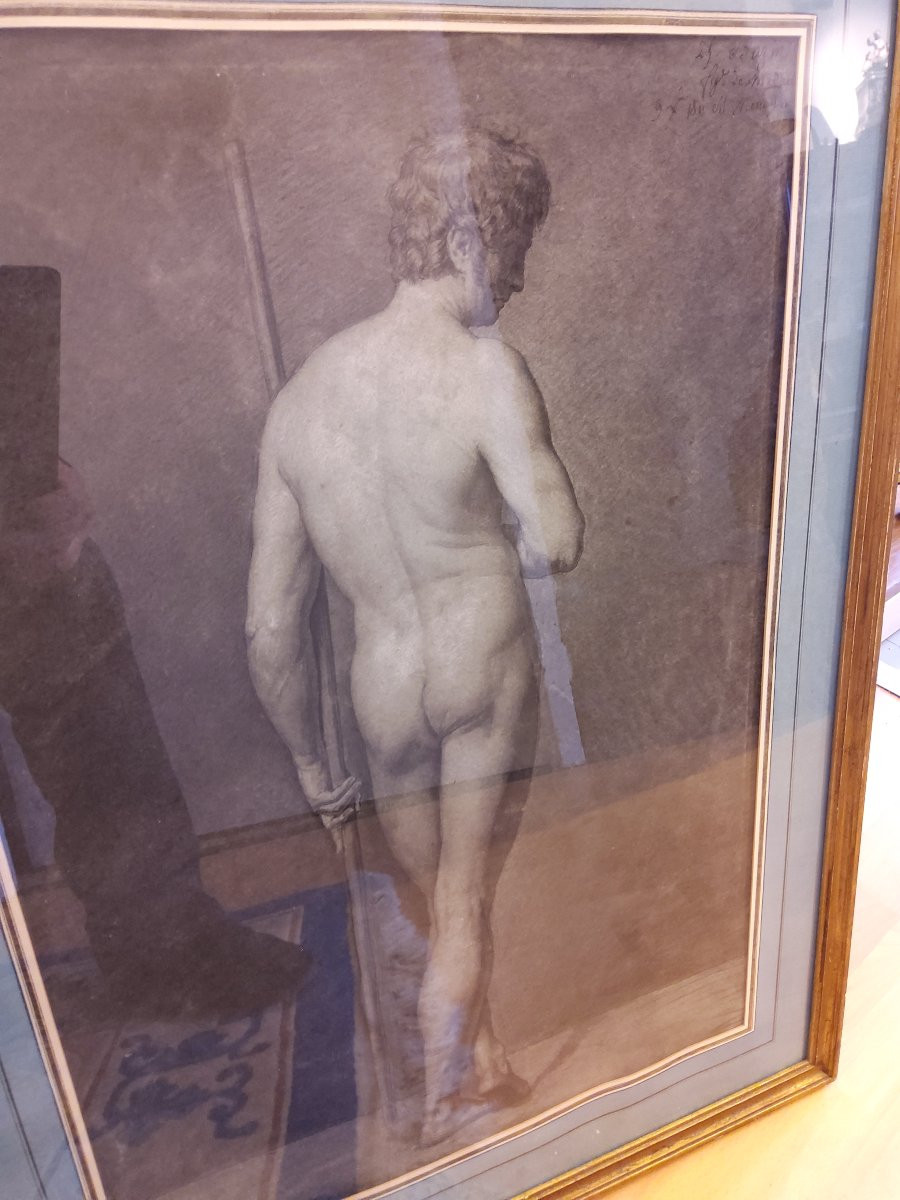 Academic Drawing "male Nude" Signed Bazin, First Half Of The 19th Century -photo-2